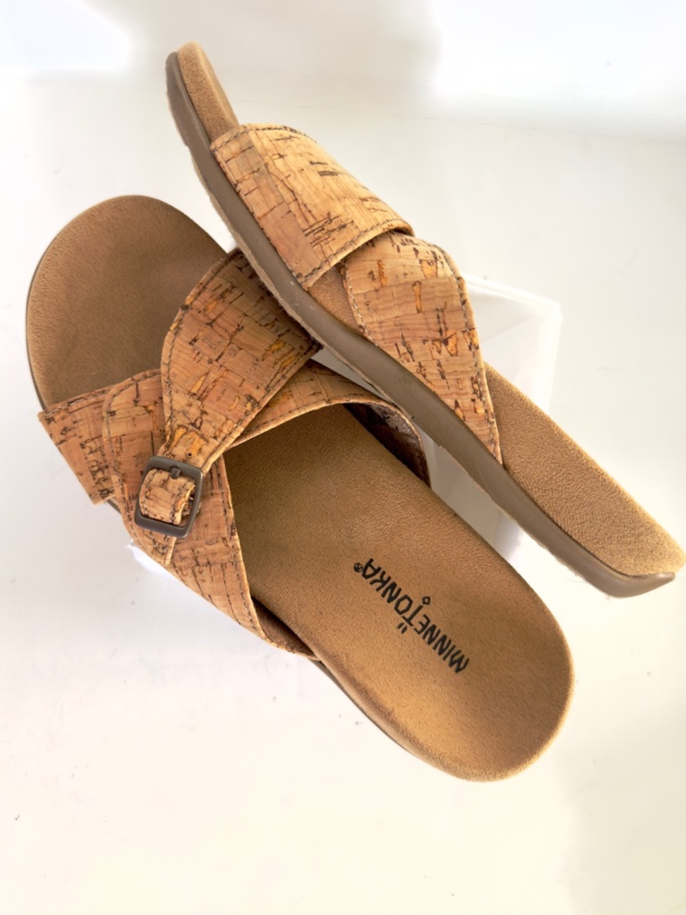 Minnetonka Natural Cork Cross Strap Slide Sandals Size 7